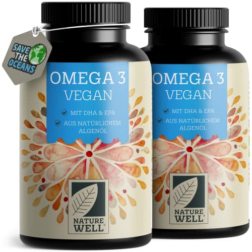 Omega-3 Vegan 180 Kapseln hochdosiert, 2000mg Omega-3 Algenöl pro Tag mit 600mg DHA & 300mg EPA, veganes Omega aus nachhaltigem Anbau als Fischöl-Alte