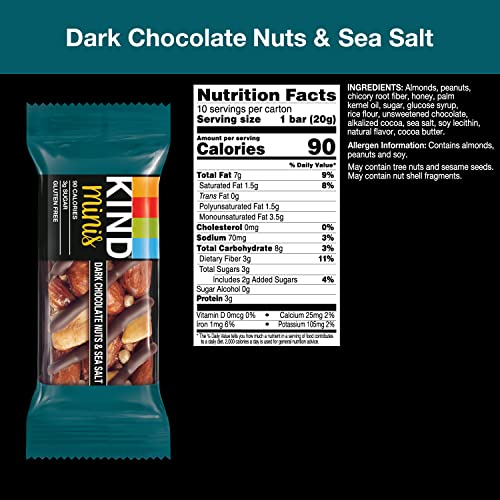 KIND MINI SNACK BARS, DARK CHOCOLATE NUTS & SEA SALT, GLUTEN FREE, LOW SUGAR, LOW CALORIE SNACKS, 10 COUNT