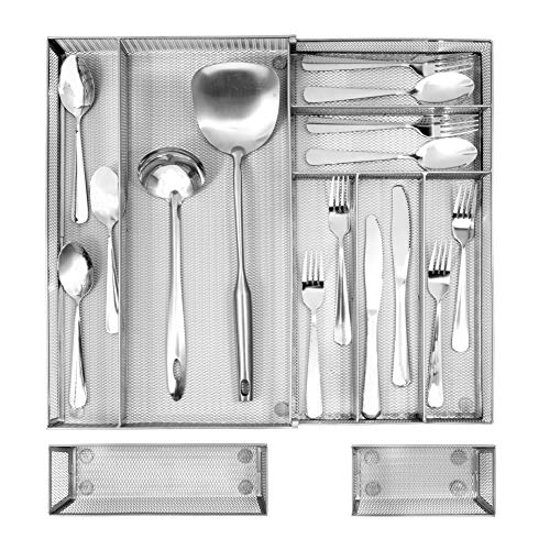 Expandable Kitchen Drawer Organizer, 7+2 Separate Compartment with Anti-slip Mats Mesh Kitchen Cutlery Trays Silverware Storage Kitchen Utensil Flatware Tray