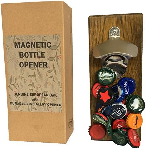 Magnetic Bottle Opener with cap catcher - mounted on European Oak. For Fridge or Wall Mounting. Ideal Man Cave Gift and Barware Accessory