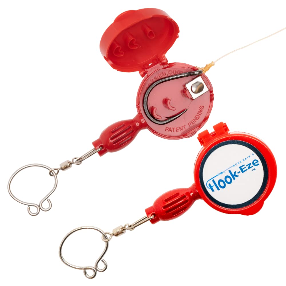 Hook-Eze Fishing Tool - Hook Tying & Safety Device + Line Cutter - Cover Hooks on 2 Poles & Travel Safely fully rigged. Multi function Fishing Device. (RED)