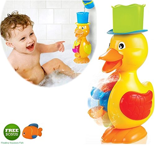 Large Yellow Duck Bath Toy for Toddler and Baby – Super Interactive Bathtub Water Fun! Bonus: Floating Fish