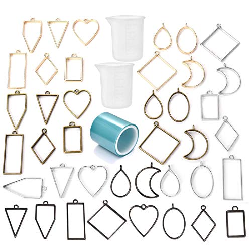LANBEIDE Bezel Open Back Pendant with Tape, 100ml Measuring Cups Mold Pendant Assorted Hollow Geometric Frame Charms for Resin Jewelry Making DIY Crafts (Mix-43PCS) - Thumbnail 7
