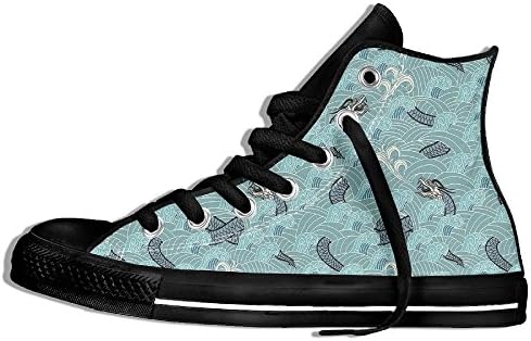 Mkajkkok Asian Style Pattern With Dragon Figures And Sea Waves Mythology Monster Decorative Ladies Men's Fashionable High-heeled Lace Canvas Shoes.