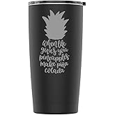Stainless Steel Powder Coated 20 oz Tumbler Splash Proof Lid 2 Straws, Triple Wall Vacuum Insulated, Mug Coffee Cup Travel, Camping, Work, Gym Hot Cold Drinks (Black, Pineapples)