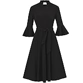 Mambabacosp Women's Bell Sleeve Church Dress Clergy Midi Dress Tab Insert Collar Priestess Dress