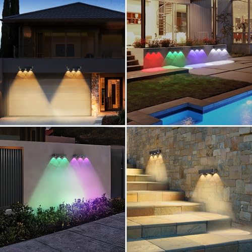 Solar Fence Lights, RGB Solar Wall Lights with 8 Colors & 11 Modes, Bacane Waterproof Solar Lights Outdoor for Patio, Backyard, Stairs, Garden, Black, 4-Pack