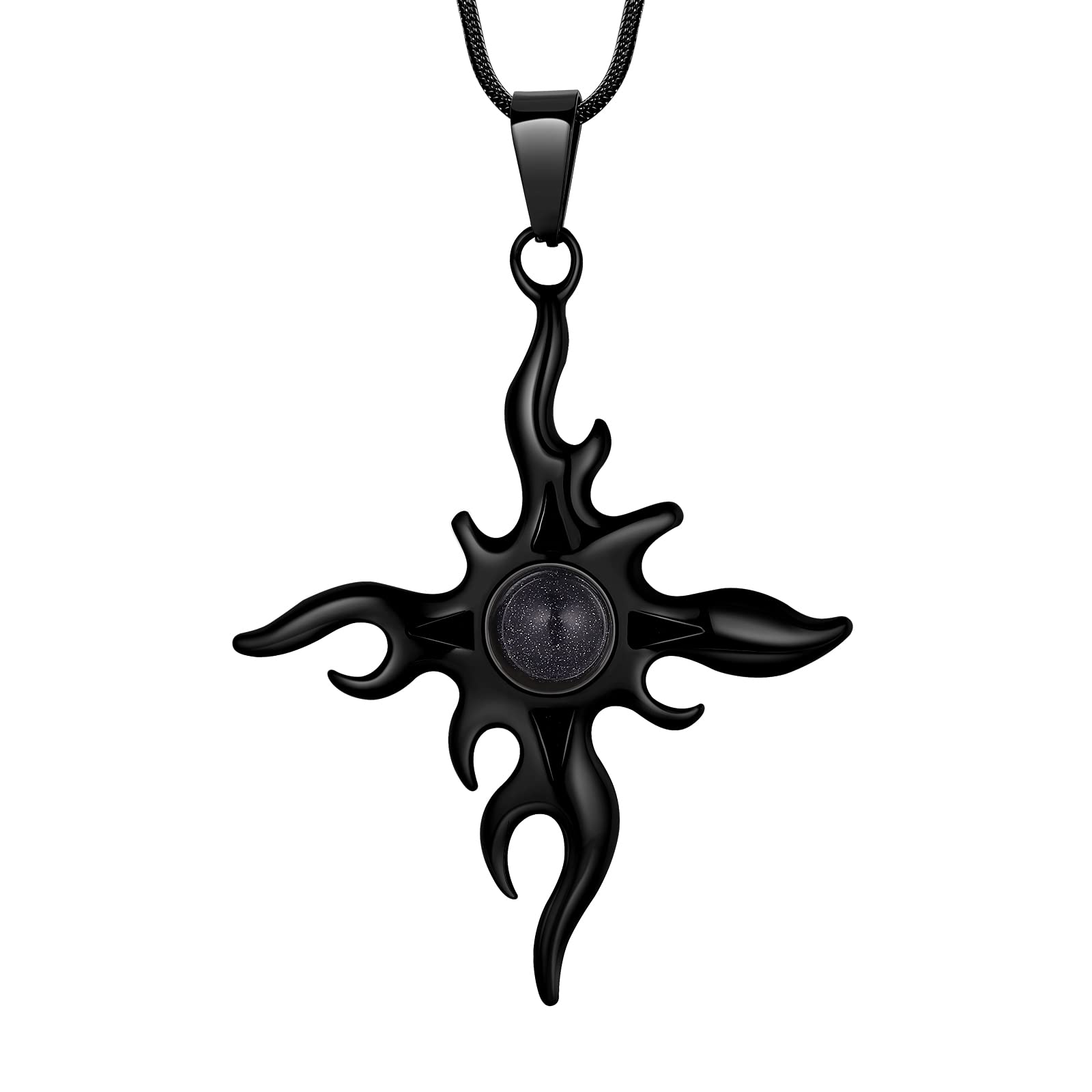Flaming Sun Cross Pendant Necklace - Cabochon Gemstone Sun Ray Inspired Pendant Black Gun Plated Men Stainless Steel Punk Hip Hop Charm Gothic Necklaces Women Vintage Jewelry Birthday Gifts SP0129B