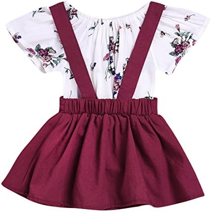 Imsmart Baby Girl 2pcs Outfits Floral Short Sleeve Ruffled T-Shirt Top+Suspender Braces Skirt Overalls (Floral+Red, 110(12-18M))