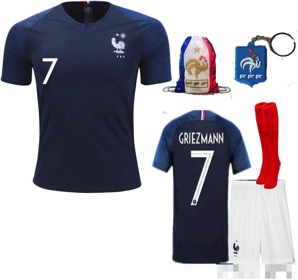 France Soccer Team Pogba Griezmann Mbappe Kid Youth Replica Jersey Kit : Shirt, Short, Socks, Bag, Key, Please Check Size Chart