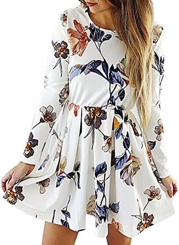 CHNS Womens Dresses Casual Floral Print Long Sleeve Swing Pleated Skater A Line Mini Dress Fashion