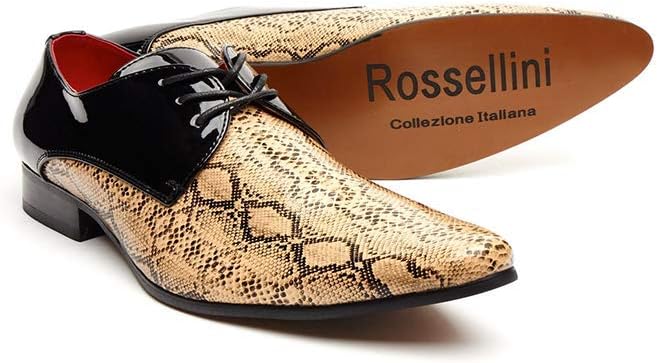 Rosellini Mens Italian Designer Lace Up Smart Faux Snake Skin Pointed Toe Shoes Black Beige Genuine Leather Lining Casual Smart Party Wedding Vintage Men Dress Shoes