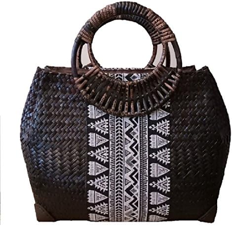 Women's Handwoven Seagrass Handbag with Wooden Handle (Black)