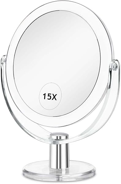 CLSEVXY Vanity Makeup Mirror with Stand, 1X/15X Magnification Double Sided 360 Degree Swivel, Portable Table Desk Counter top