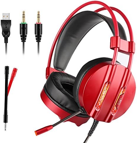 Gaming Headset, TecTri Gaming Headphones for PS4, Xbox One, PC, Nintendo Switch (Audio), Laptop, Phone with Mic, LED lights, Noise Canceling, Bass Surround, Soft Earmuffs, Volume Control - Black & Red