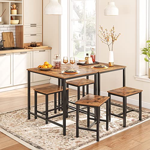 HOOBRO 3-Piece Bar Table Set, 80cm Rectangular Counter Height Pub Table with 2 Stools, Rusitc Brown Small Dining Table with Black Metal Frame, ‌Space-saving Kitchen Breakfast Table Set for Dining Room