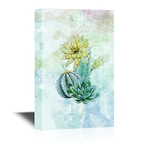 Canvas Wall Art -Yellow Cactus Flower on Abstract Watercolor Background - Gallery Wrap Modern Home Art | Ready to Hang - 12" x 18"