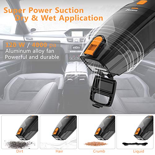Foxnovo Car Vacuum Cleaner,DC 12V 120W High Power,Wet Dry Portable Handheld Auto Vacuum Cleaner for Car With 14.8ft Cable,Stainless Steel Filter,Carry Bag