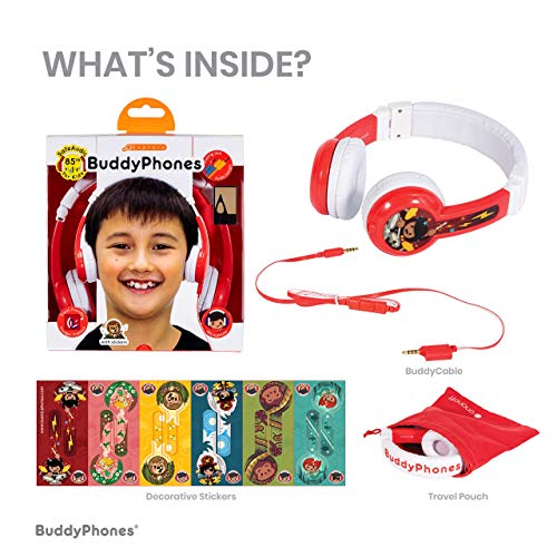 ONANOFF BuddyPhones Explore Foldable, Volume-Limiting Kids Headphones with Travel Bag, Built-in Audio Sharing Cable with Mic, Compatible with Fire, iPad, iPhone, and Android Devices, Red - Thumbnail 3
