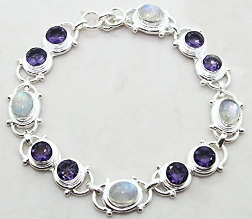 Designer Sterling Silver Overlay Link Bracelet with Genuine Amethyst and Rainbow Moonstone Gemstones