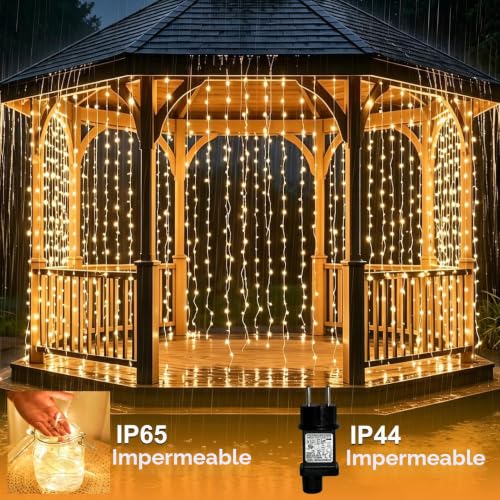 Lichtfam Curtain Lights, 6 x 3 m 600 LED Waterfall Lights with Plug, 8 Modes Decoration Wedding Waterproof Curtain Light for Balcony Garden Party Wall Ceiling Room Indoor Outdoor