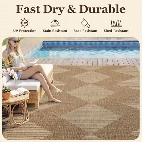 Outdoor Rug-Patio Rug 8x10 Outdoor Carpet Polypropylene Indoor Outdoor Rug for Patio Porch Deck Balcony Textured Weave Durable Mat Boho Stripes Pattern Beige & Brown