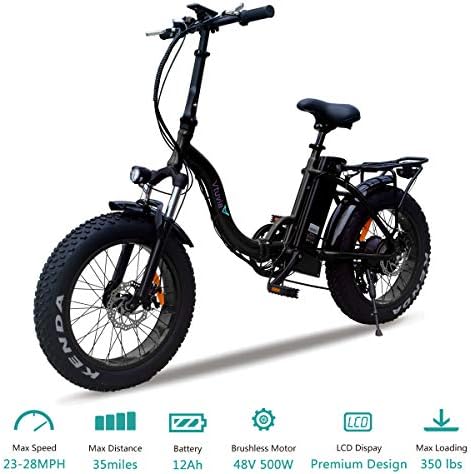 vtuvia Folding Electric Bike 20 Inch Fat Tire City Mountain E-Bike for Adults Men&Women 500W Motor 48V 12AH Removable Lithium-Ion Battery LCD Screen Beach Snow Electric Bicycle