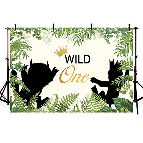 MEHOFOTO Wild One Themed 1st Birthday Party Backdrop Animals Photography Background Jungle Safari Green Leaves Baby Boy Photo Booth Banner Decorations 7x5ft