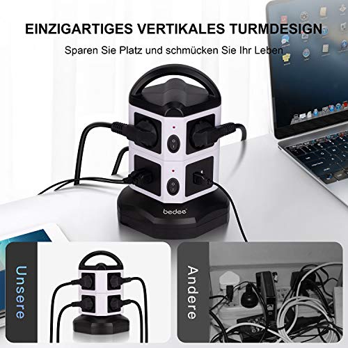 bedee Steckdosenleiste, Vertikale Mehrfachsteckdose, 6 Fach Steckdosenturm mit 4 USB Ladeanschlüsse Überspannungsschutz Steckdose, Tragbar Steckdosen mit Schalter 6,6ft Kabel für TV/PC/Laptops/iPhone