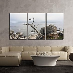 3 Piece Canvas Wall Art - Big Rocks by The Seashore - Modern Home Art Stretched and Framed Ready to Hang - 16"x24"x3 Panels