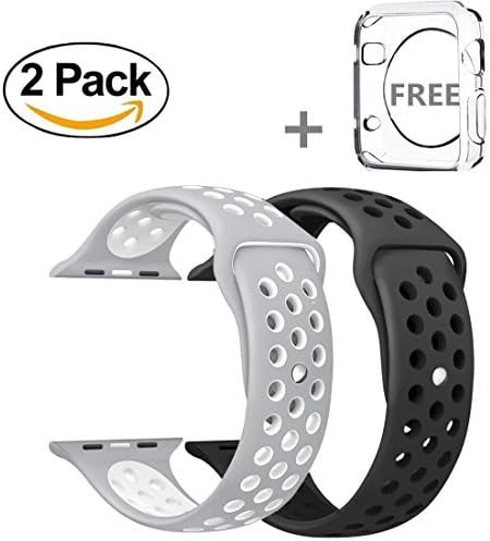 Watch Band 42mm, Soft Silicone Replacement Band with Adjustable Buckle and Quick Release for Apple Watch 3/2/1/Edition, 2 Pack with free iWatch tpu screen protector (Silver/White + Black)