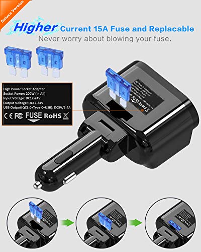 SUPERONE 200W 2-Socket Cigarette Lighter Splitter Power Adapter, USB C Car Charger with 18W Power Delivery 3.0 & Quick Charge 3.0 for iPhone 11/11 Pro/X/8, MacBook, Samsung, Google Pixel and More