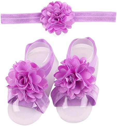 Ecosin 1Pair Infant Baby Pearl Chiffon Barefoot Toddler Foot Flower Beach Sandals Headband