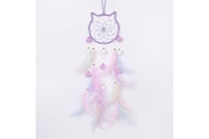 Pretty Jolly Purple Cat Kids Dream Catcher Wall Decor Pompom Feather Baby Dreamcatcher Handmade Children Dream Catcher Home Décor Wall Hanging for Nursery Bedroom Boys Girls Birthday Gift-25.6in