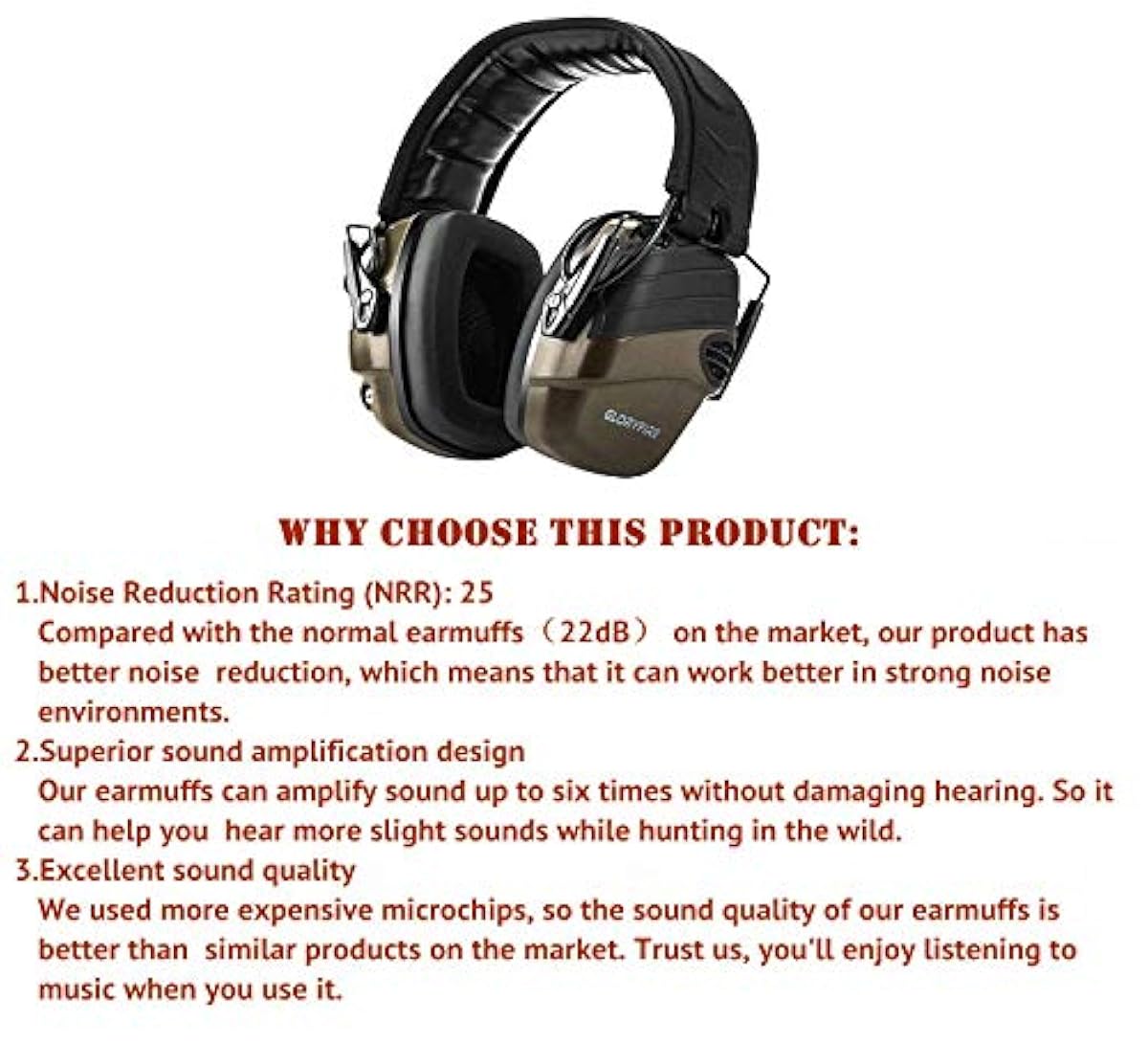 GLORYFIRE Electronic Shooting Earmuff Sound Amplification 6 Times