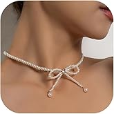 Pearl Bow Necklace for Women Boho Beaded Bow Choker Bowknot Choker Pendant Necklace Coquette Necklaces Prom Party Bar Accessories