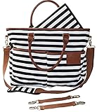 Diaper Bag for Stylish Moms, Black/White, Premium Cotton Canvas Tote Bag, 13 pockets Including Insulated Bottle Holders, by MommyDaddy&Me, Black/White