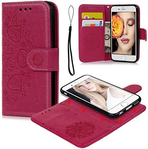 iPhone 6 6S Wallet Case, iPhone 6 6S Case PU Leather Embossed Mandala Florals TPU Cover Magnetic Detachable Wallet Card Slots Wrist Strap Case for iPhone 6 6S 4.7 inch Hot Pink