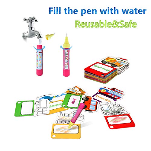 Reusable Water Painting Cards with 2 Magic Drawing Pens,Graffiti Doodle Board Traffic Vehicle Cognitive Cards Games,Early Education Toy for Toddlers Kids