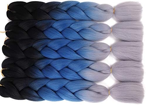 5 Pieces Ombre Synthetic Braiding Hair Jumbo Braids Hair Braiding Kanekalon Mambo Twist Synthetic Hair Extension (24, BLACK/BLUE/GREY)