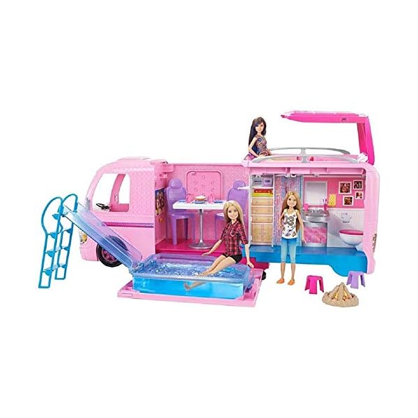 Barbie-FBR34-ESTATE-Dream-Camper-Pink-Pop-Out-Caravan-for-Dolls-Accessories-Included-Playset-Vehicle-Amazon-Exclusive Barbie Dream Camper Playset - Transforming Van with Fold-Out Campsite & Pool - 35+ Accessories - 5 Living Spaces - 2…