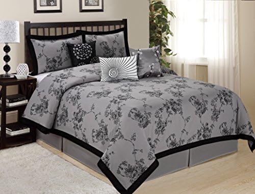 7 Piece SUNRISE Floral Printed Comforter Set Queen King CalKing Size (King, Gray)