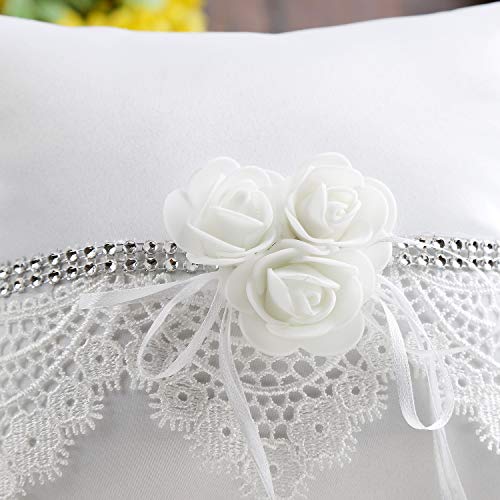 image for Qingbei Rina Bridal Wedding Ring Pillow with White Rose Lace for Weddi