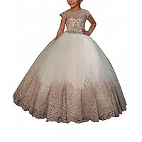WDE Cap Sleeve Long Champagne Flower Girls Dresses for Wedding Communion Gown Size 8
