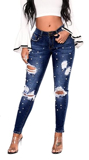 iRachel Damen Pearl Jeans Hose Skinny Röhrenjeans Hose Denim Dünn Rise Ripped Loch Bleistift Hose