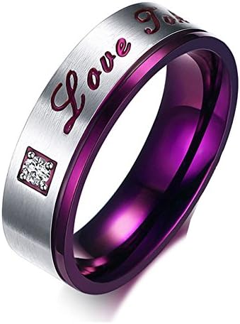 FXD Fashion Men's Women's 316 L Stainless Steel "Love Token" Engraved Rhinestones Couple Rings Wedding Bands, Silver and Purple (Mens-10)