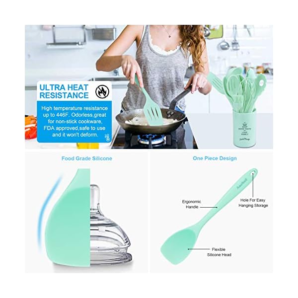 11in1 Silicone Cooking Kitchen Utensil Set, BPA Free Non Toxic Heat Resistant Nonstick Silicone Turner Tongs Spatula…