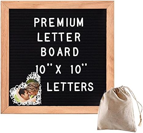 Felt Letters Board Sign Set with 288 Changeable White Letter Number Punctuation 10x10 Inch Oak Wood Frame with Mounting Hook &amp; FREE Jute Canvas Bags