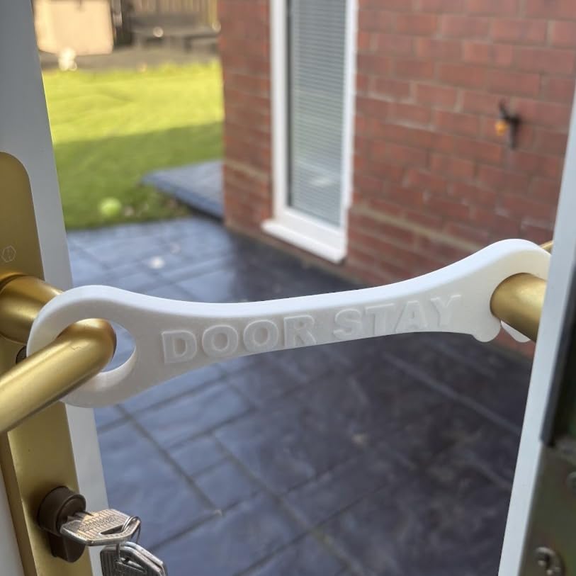 Door Stay French & Patio Door Stopper – Hold Open Door Restraint – Creates Approx. 20cm Controlled Opening Gap – Pet Access & Ventilation Aid – White (Standard)