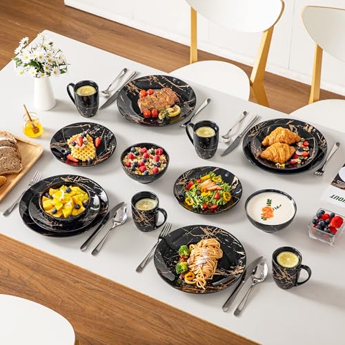LOVECASA Daphne - 6 Person Dinner Set Plates, Modern Complete Porcelain Tableware, 24 Pieces (Flat Sides, Dessert Bowls, Cereal Bowls, Cups) - Black & Gold Design